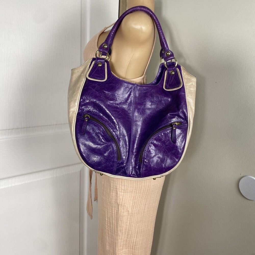 Roberta Gandolfi Purple Leather Tote Hobo Bag Dual Handles Front Zipper Pockets